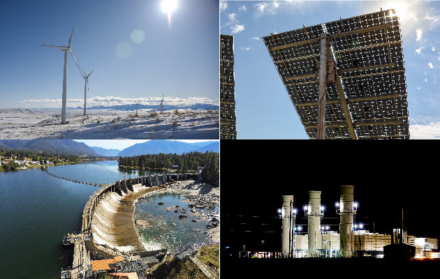 A collage with pictures of wind turbines, a solar array, a hydro facility and a natural-gas generating plant.